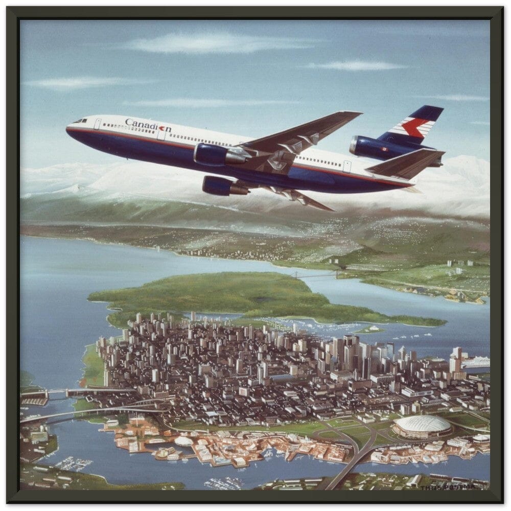 Thijs Postma - Poster - Douglas DC-10 CPA Over Vancouver - Metal Frame Poster - Metal Frame TP Aviation Art 50x50 cm / 20x20″ Black 