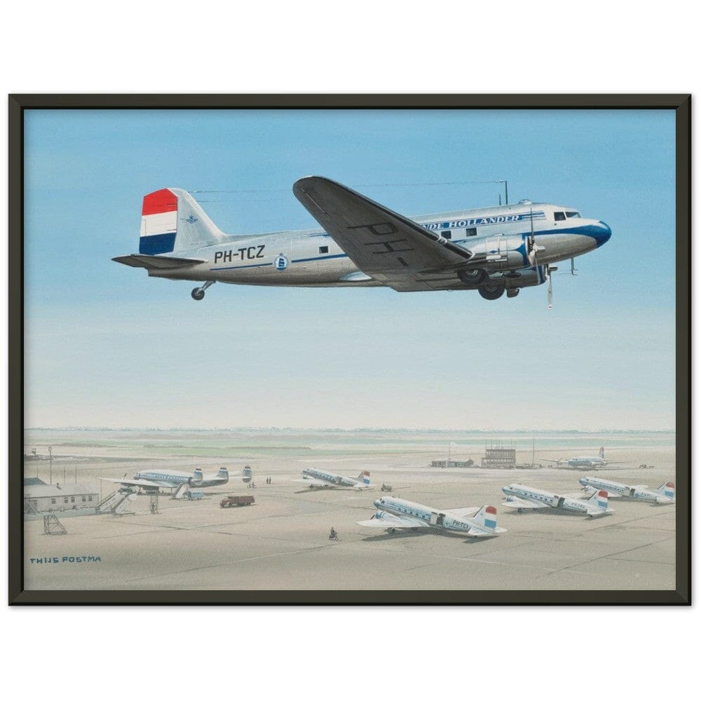 Thijs Postma - Poster - Douglas DC-3 KLM PH-TCZ Low Pass - Metal Frame Poster - Metal Frame TP Aviation Art 45x60 cm / 18x24″ Black 