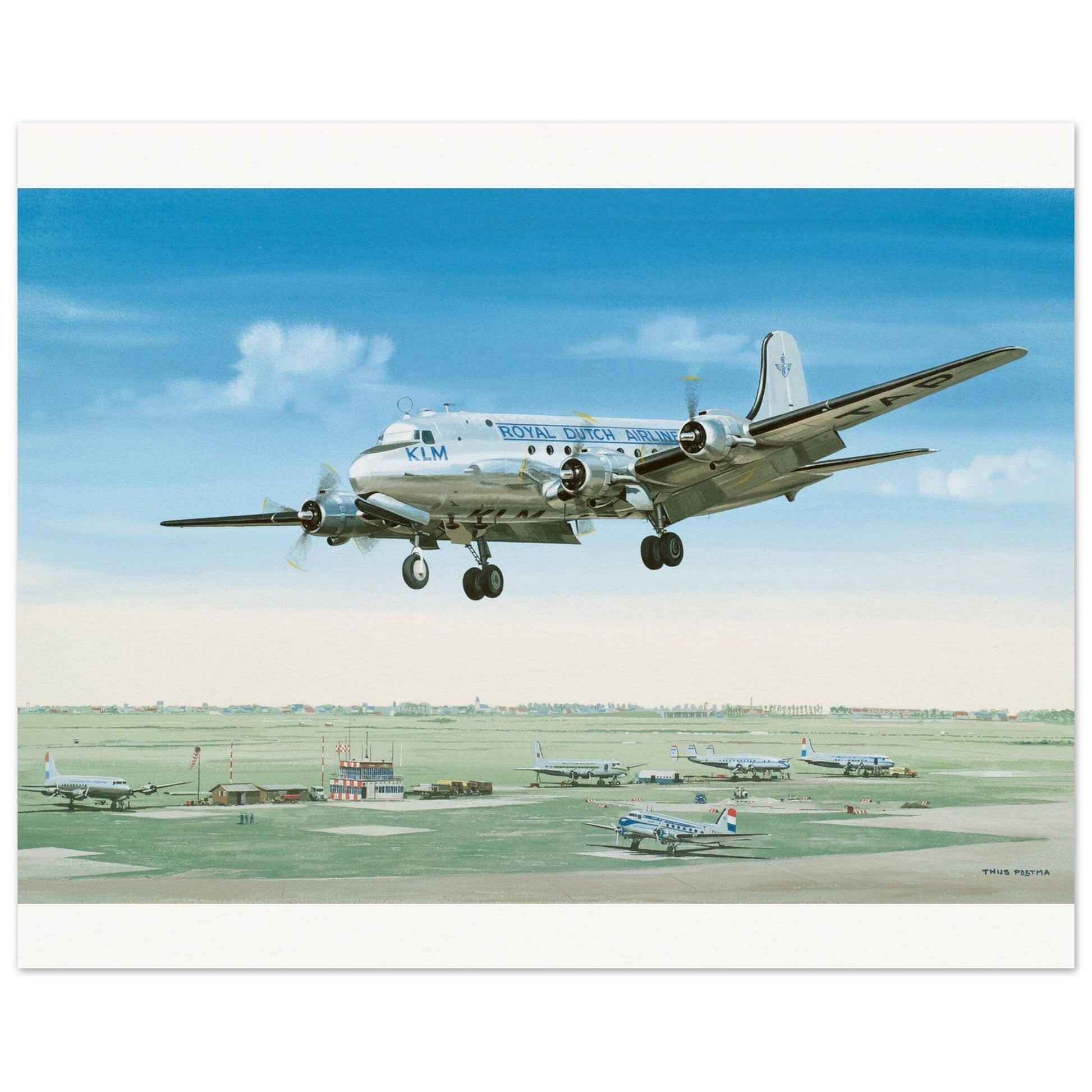 Thijs Postma - Poster - Douglas DC-4 Skymaster Landing Schiphol Poster Only TP Aviation Art 40x50 cm / 16x20″ 