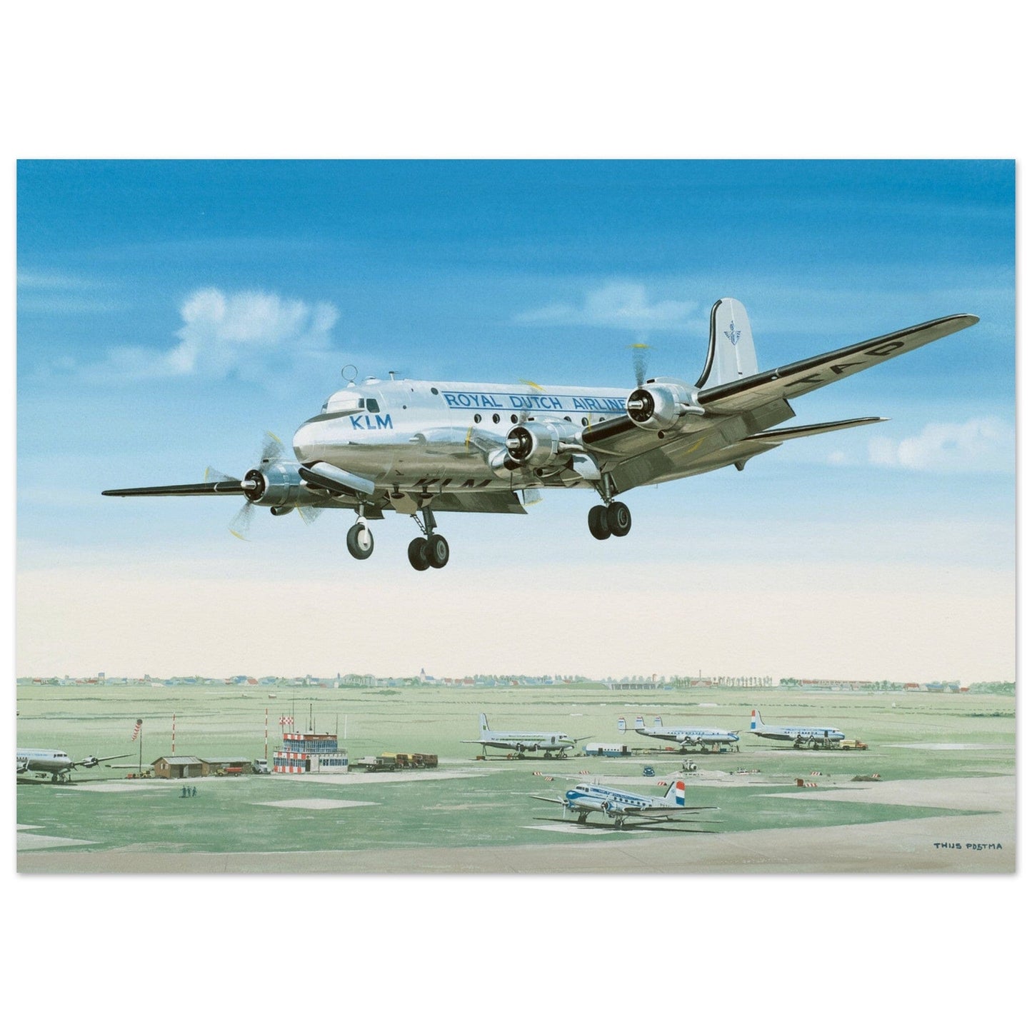 Thijs Postma - Poster - Douglas DC-4 Skymaster Landing Schiphol Poster Only TP Aviation Art 50x70 cm / 20x28″ 