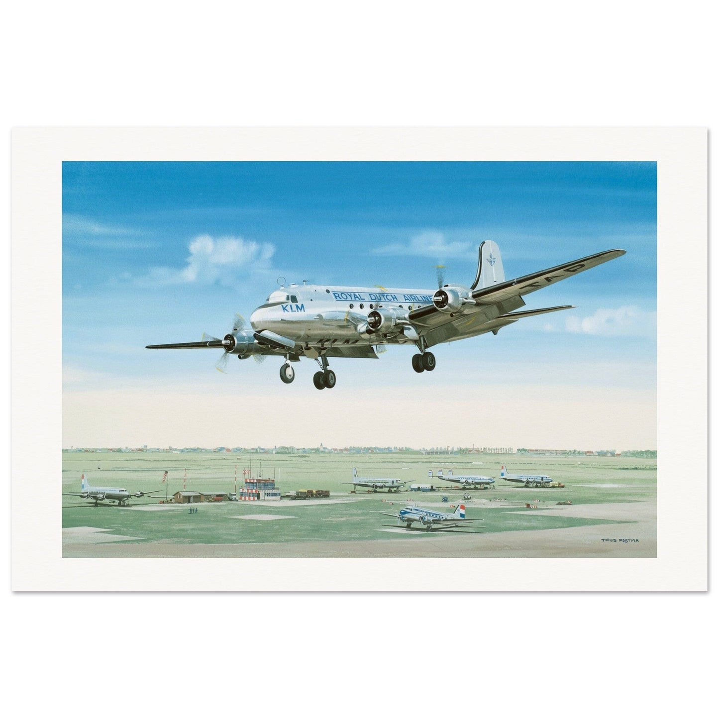 Thijs Postma - Poster - Douglas DC-4 Skymaster Landing Schiphol Poster Only TP Aviation Art 60x90 cm / 24x36″ 