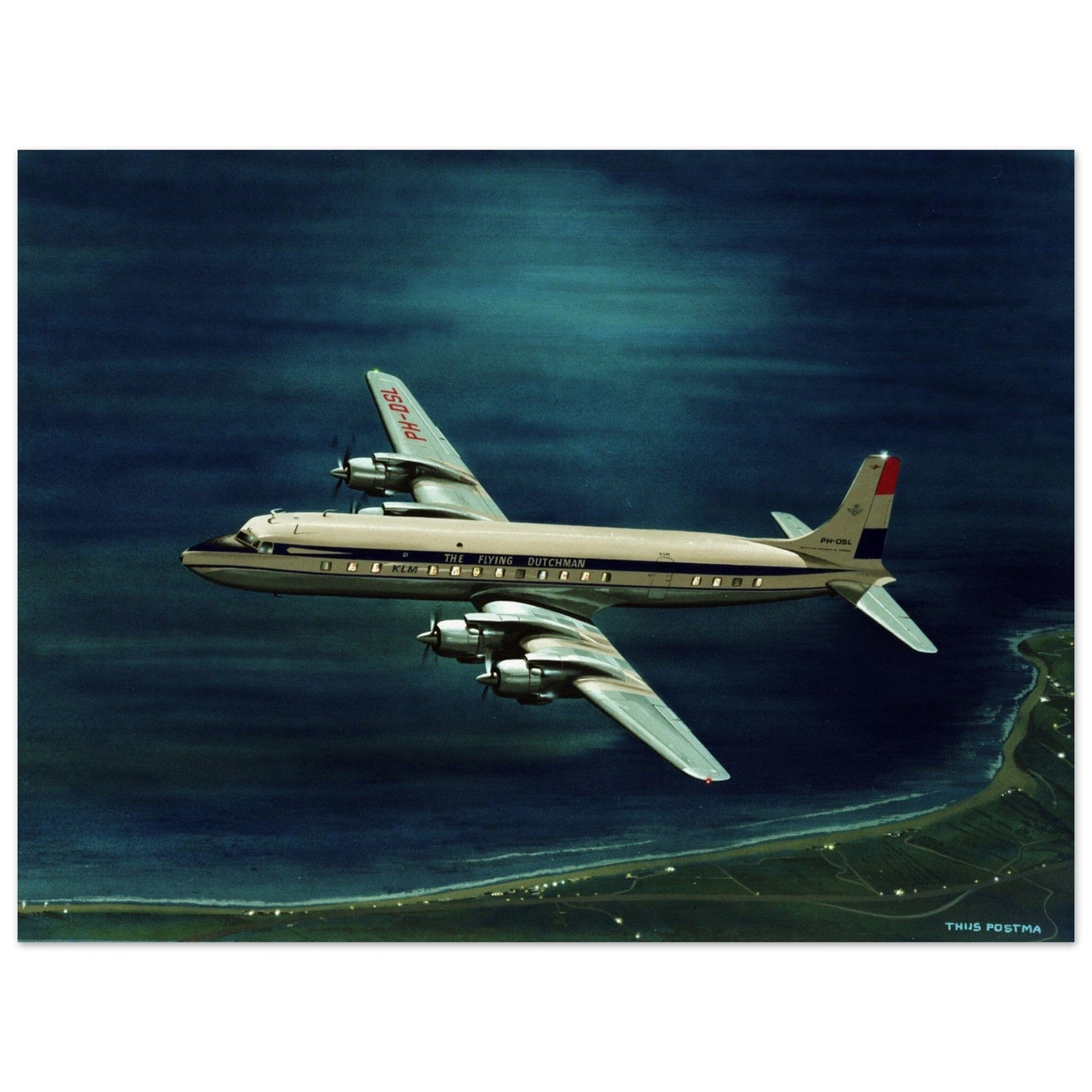 Thijs Postma - Poster - Douglas DC-7C KLM At Night Poster Only TP Aviation Art 45x60 cm / 18x24″ 