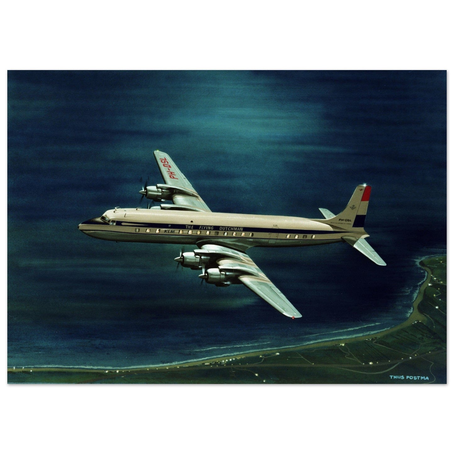 Thijs Postma - Poster - Douglas DC-7C KLM At Night Poster Only TP Aviation Art 50x70 cm / 20x28″ 