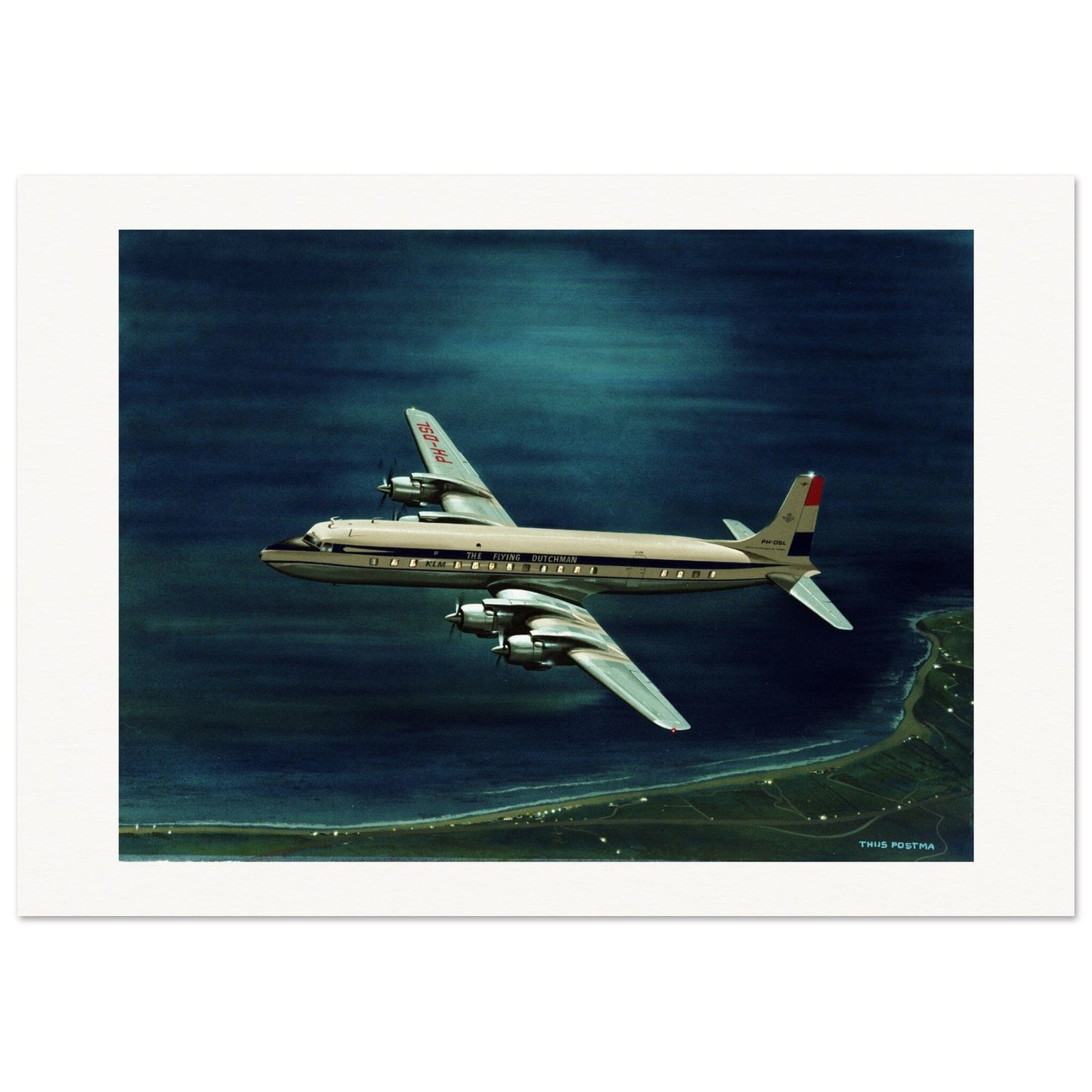 Thijs Postma - Poster - Douglas DC-7C KLM At Night Poster Only TP Aviation Art 70x100 cm / 28x40″ 