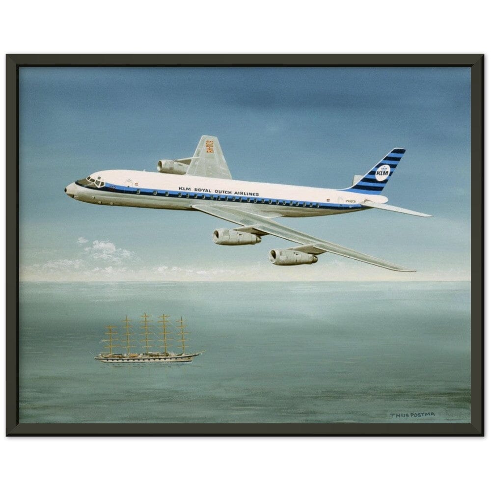Thijs Postma - Poster - Douglas DC-8 PH-DCS Above Sailing Ship - Metal Frame Poster - Metal Frame TP Aviation Art 40x50 cm / 16x20″ Black 