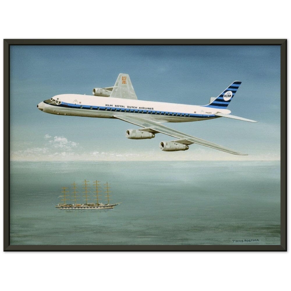 Thijs Postma - Poster - Douglas DC-8 PH-DCS Above Sailing Ship - Metal Frame Poster - Metal Frame TP Aviation Art 45x60 cm / 18x24″ Black 