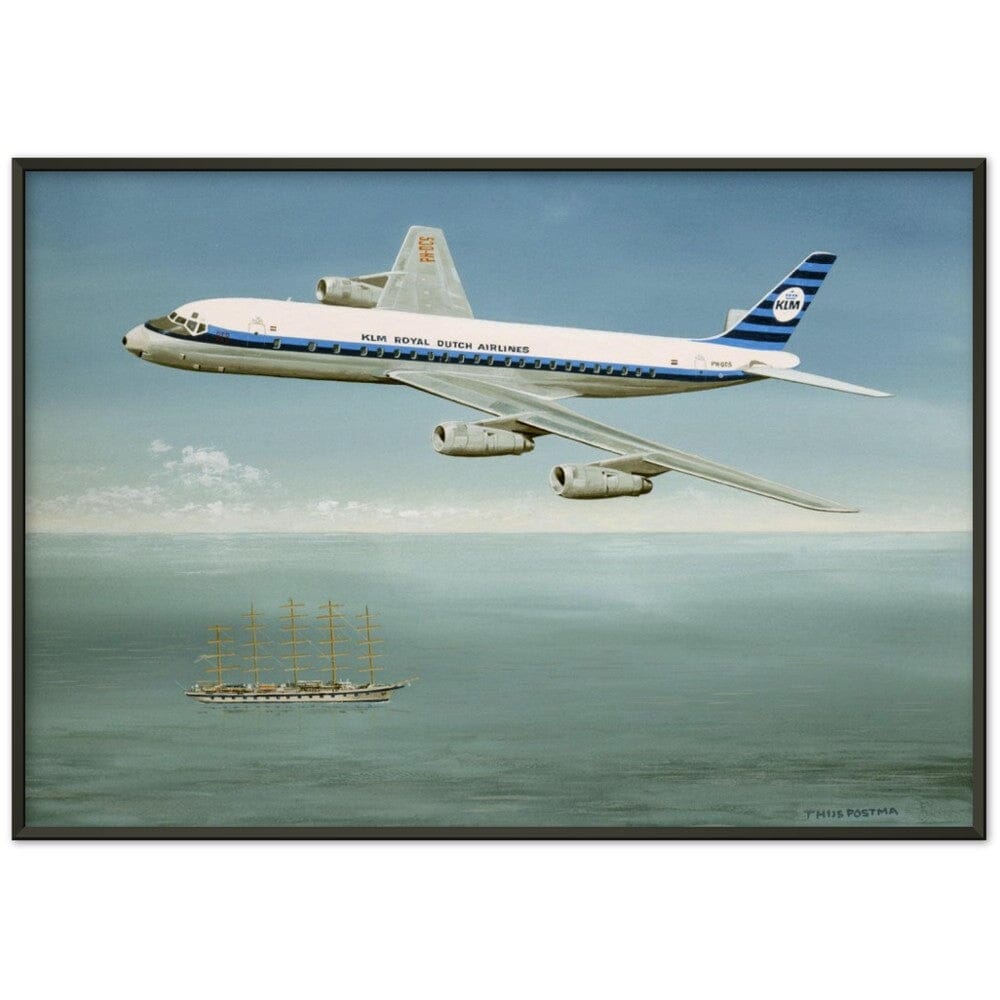 Thijs Postma - Poster - Douglas DC-8 PH-DCS Above Sailing Ship - Metal Frame Poster - Metal Frame TP Aviation Art 70x100 cm / 28x40″ Black 