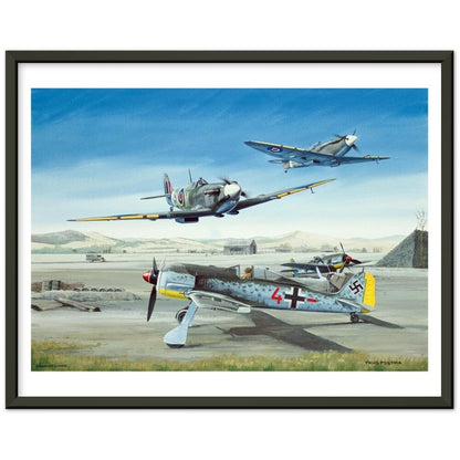 Thijs Postma - Poster - Focke-Wulf Fw 190 With Unexpected Visitors of Spitfires - Metal Frame Poster - Metal Frame TP Aviation Art 40x50 cm / 16x20″ Black 