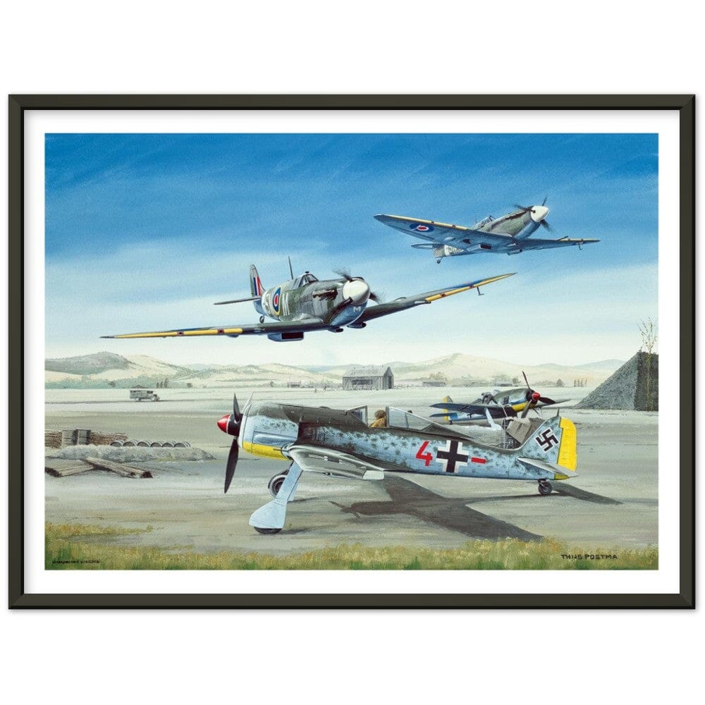Thijs Postma - Poster - Focke-Wulf Fw 190 With Unexpected Visitors of Spitfires - Metal Frame Poster - Metal Frame TP Aviation Art 45x60 cm / 18x24″ Black 