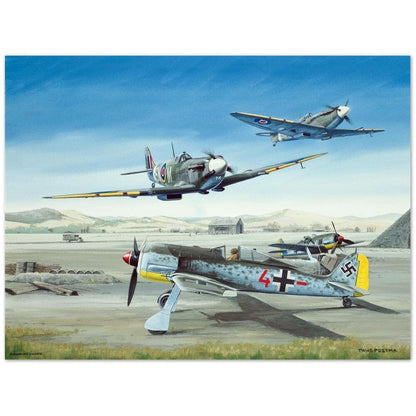 Thijs Postma - Poster - Focke-Wulf Fw 190 With Unexpected Visitors of Spitfires Poster Only TP Aviation Art 60x80 cm / 24x32″ 
