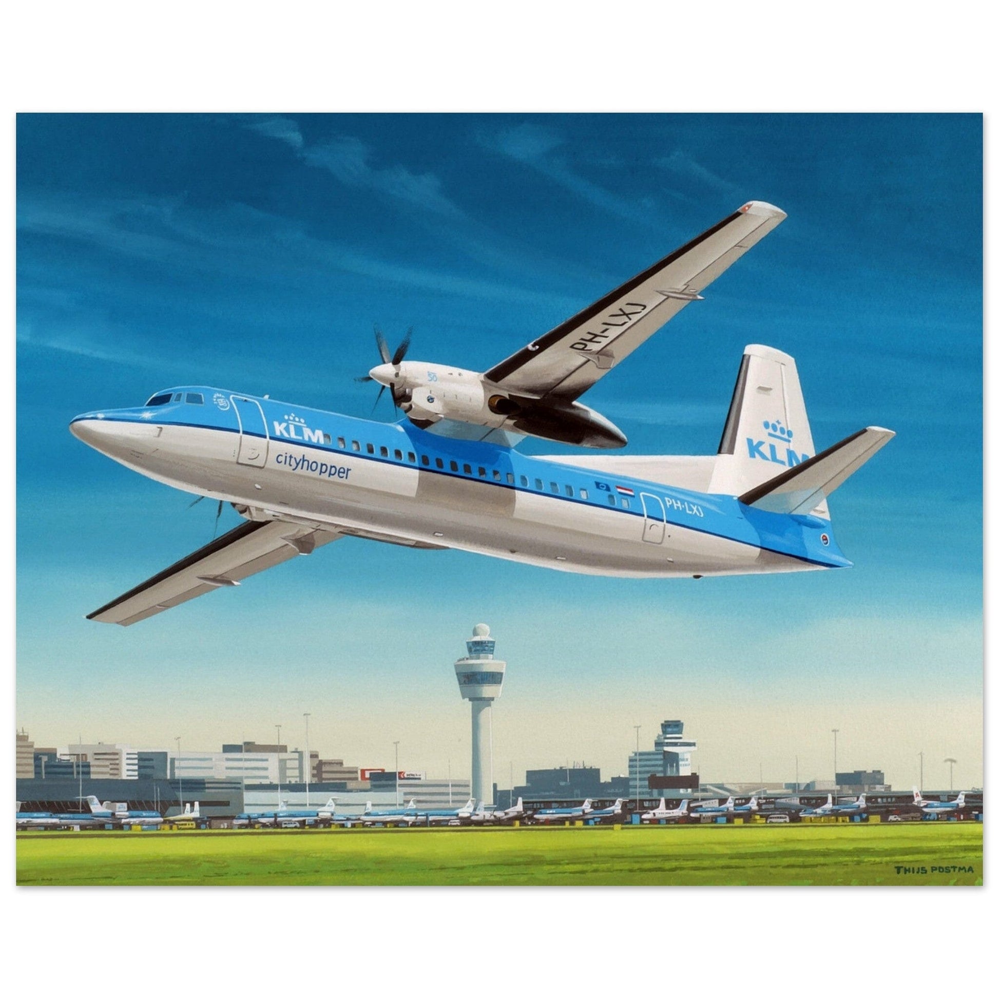 Thijs Postma - Poster - Fokker 50 Cityhopper PH-LXJ KLM At Schiphol Poster Only TP Aviation Art 40x50 cm / 16x20″ 