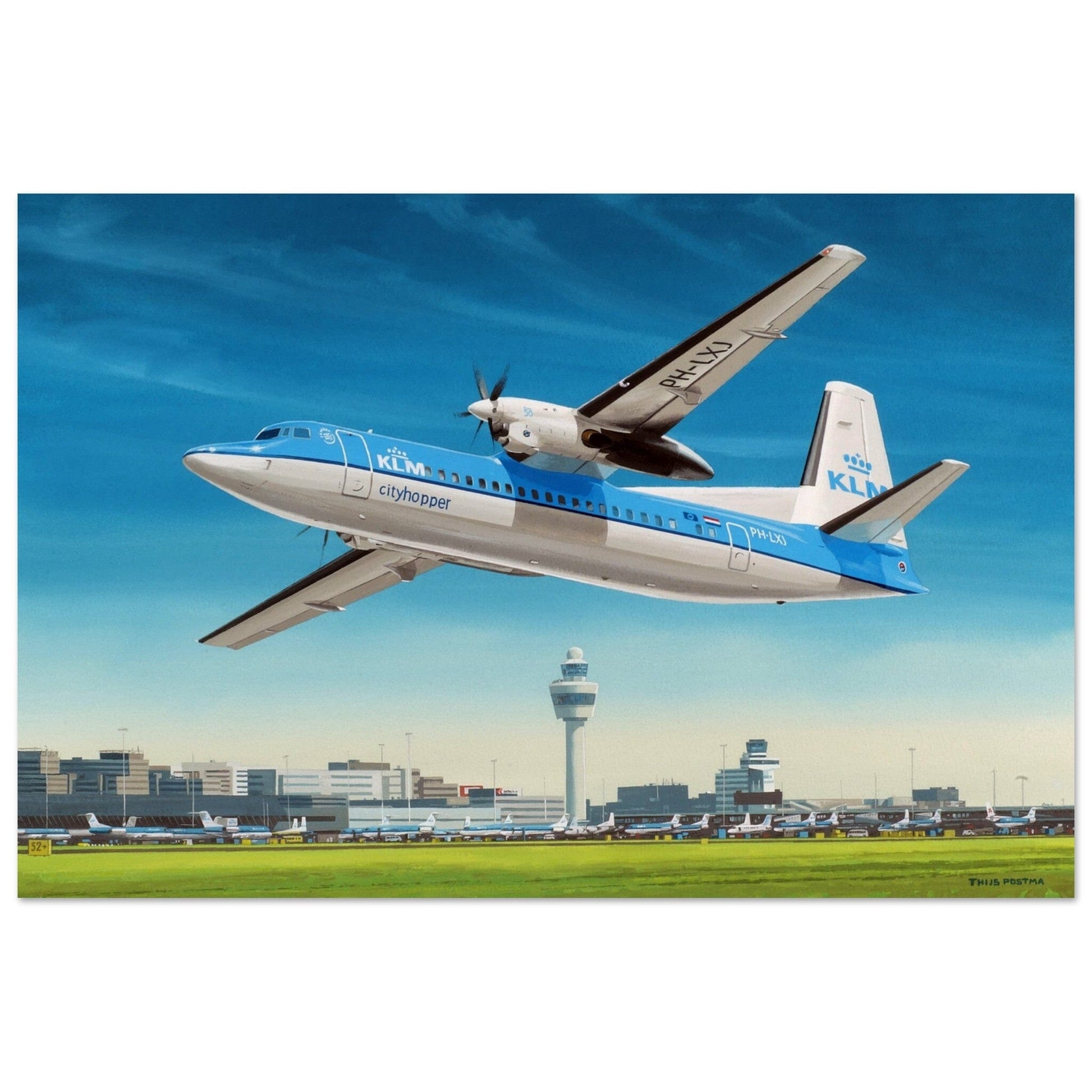 Thijs Postma - Poster - Fokker 50 Cityhopper PH-LXJ KLM At Schiphol Poster Only TP Aviation Art 40x60 cm / 16x24″ 