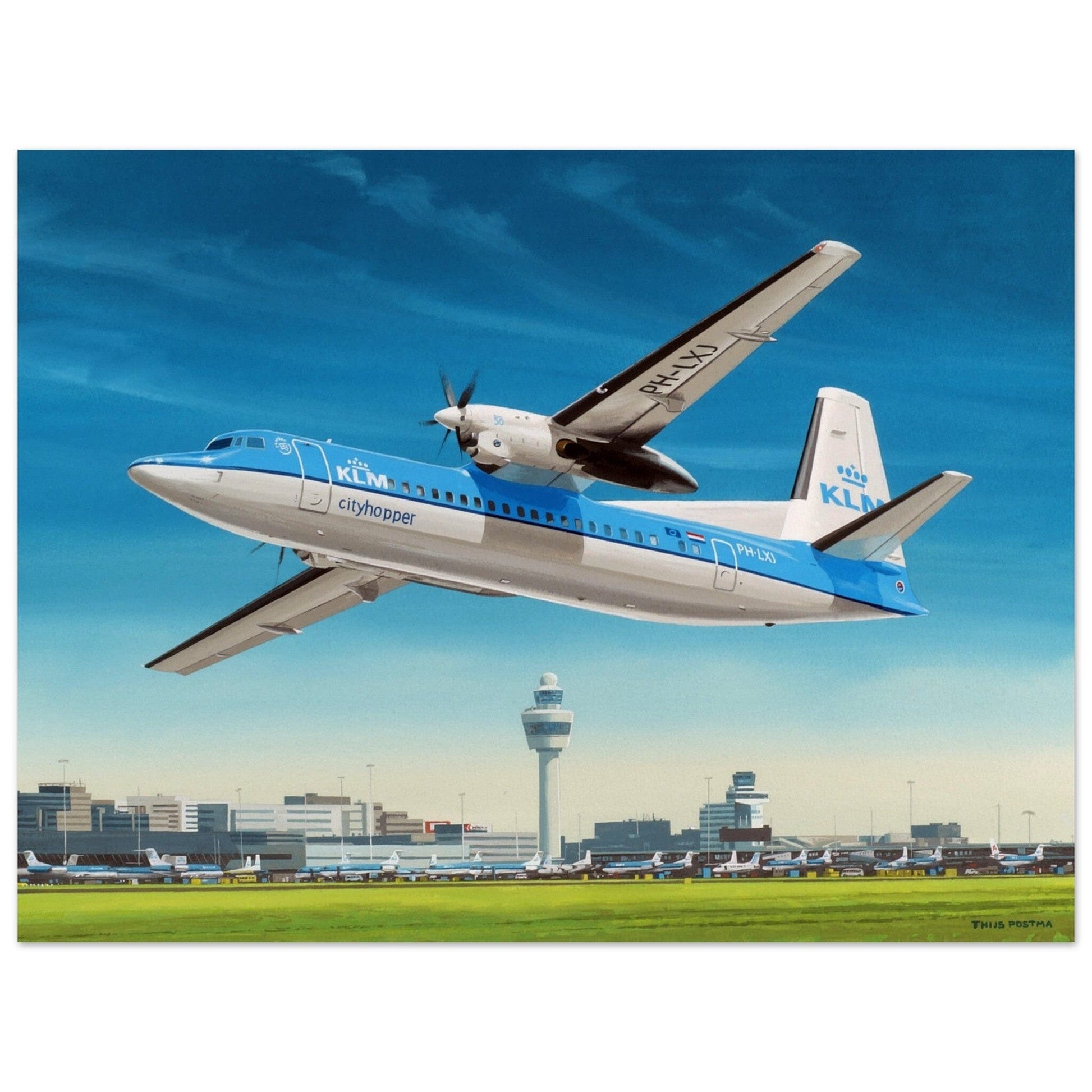 Thijs Postma - Poster - Fokker 50 Cityhopper PH-LXJ KLM At Schiphol Poster Only TP Aviation Art 45x60 cm / 18x24″ 