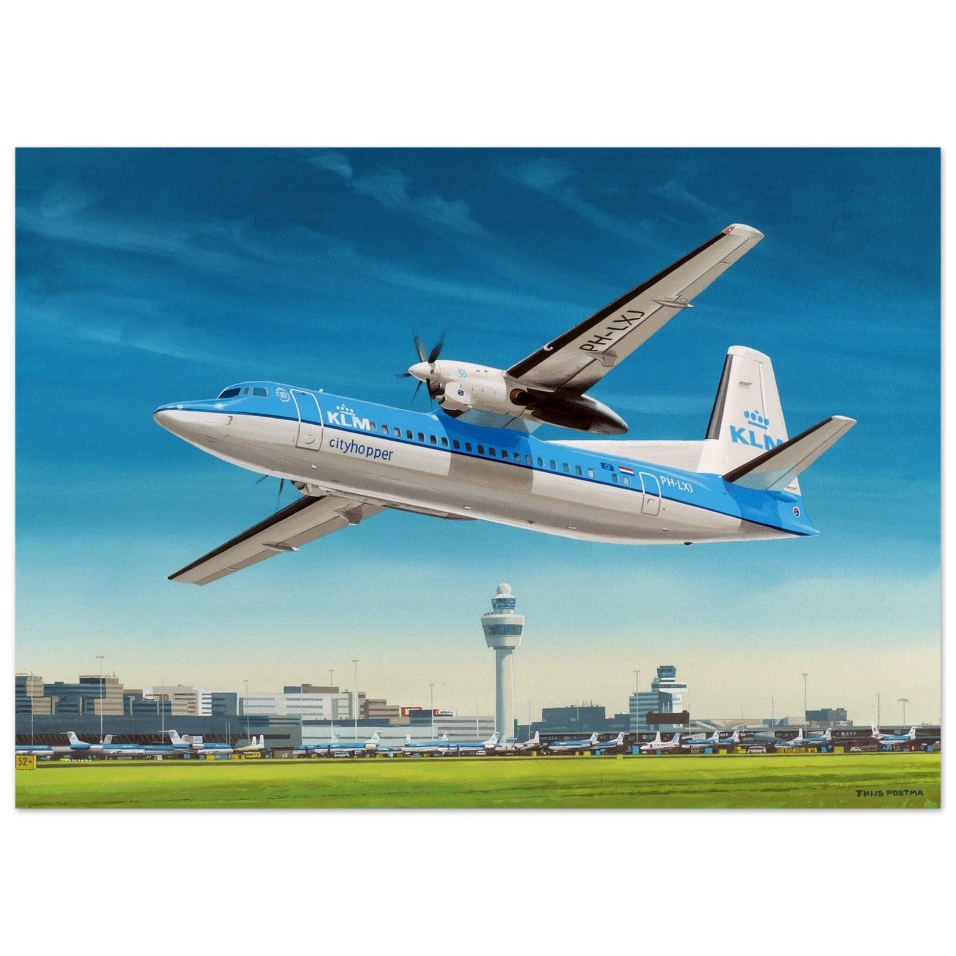 Thijs Postma - Poster - Fokker 50 Cityhopper PH-LXJ KLM At Schiphol Poster Only TP Aviation Art 50x70 cm / 20x28″ 