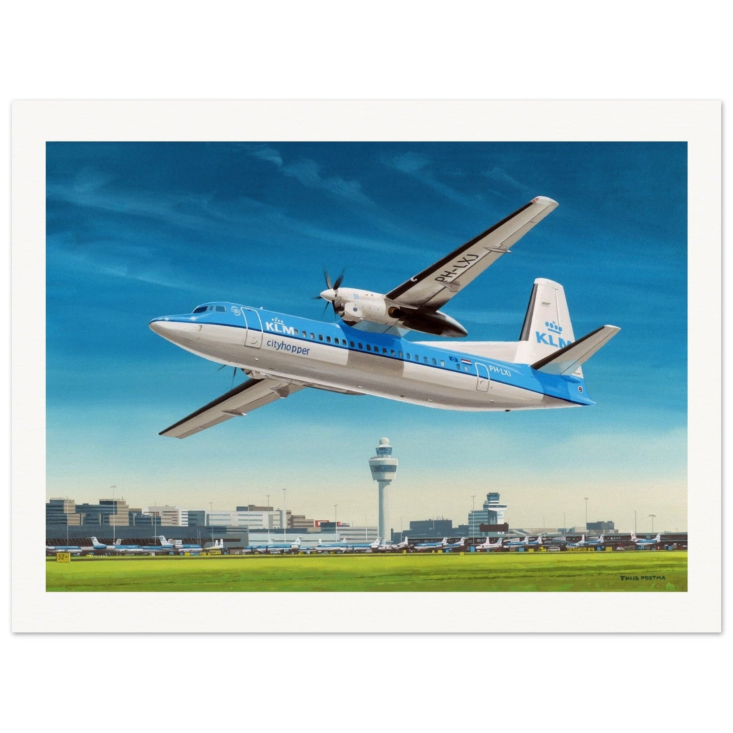 Thijs Postma - Poster - Fokker 50 Cityhopper PH-LXJ KLM At Schiphol Poster Only TP Aviation Art 60x80 cm / 24x32″ 