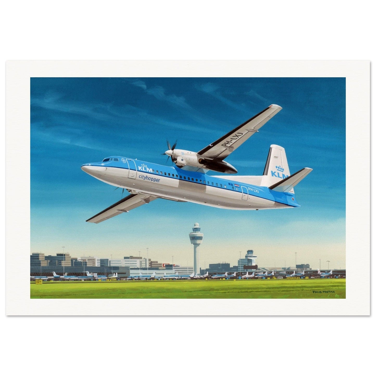 Thijs Postma - Poster - Fokker 50 Cityhopper PH-LXJ KLM At Schiphol Poster Only TP Aviation Art 70x100 cm / 28x40″ 