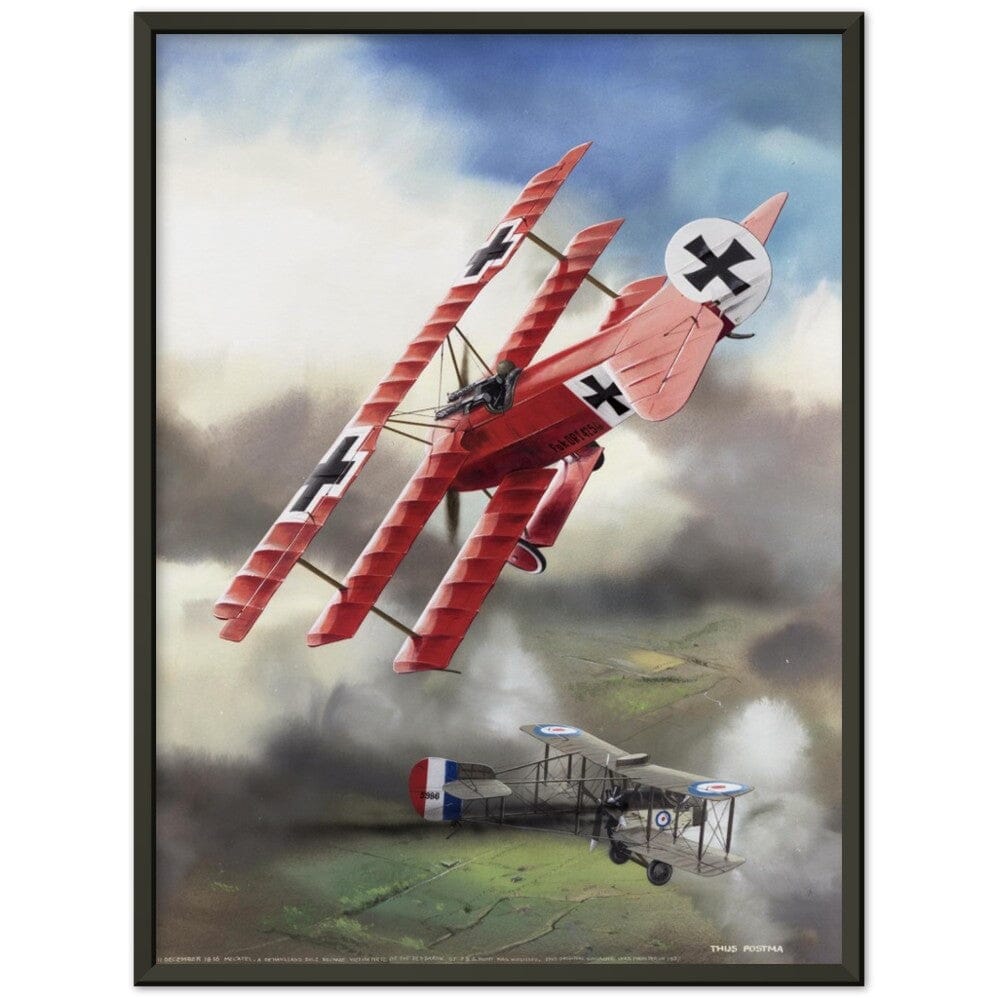 Thijs Postma - Poster - Fokker Dr.I Shooting Down A DeHavilland DH.2 In 1916 - Metal Frame Poster - Metal Frame TP Aviation Art 45x60 cm / 18x24″ Black 