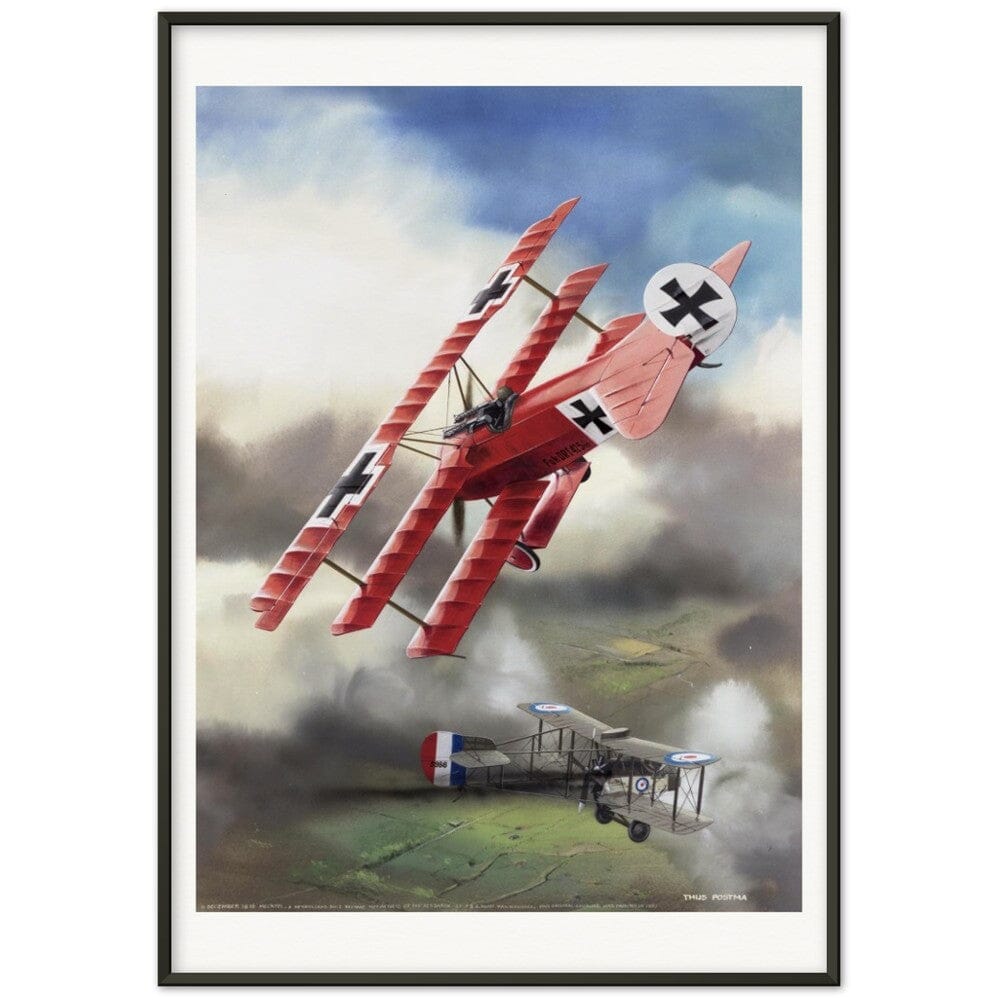 Thijs Postma - Poster - Fokker Dr.I Shooting Down A DeHavilland DH.2 In 1916 - Metal Frame Poster - Metal Frame TP Aviation Art 
