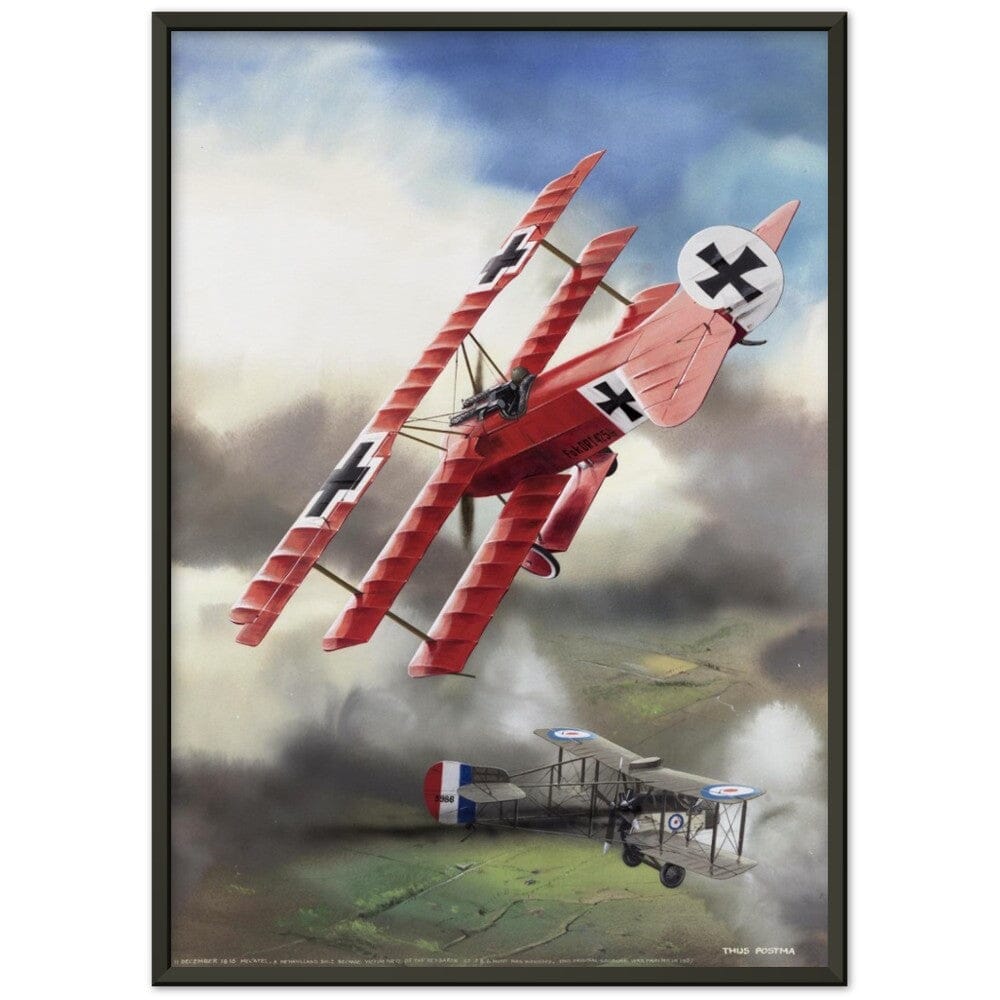 Thijs Postma - Poster - Fokker Dr.I Shooting Down A DeHavilland DH.2 In 1916 - Metal Frame Poster - Metal Frame TP Aviation Art 50x70 cm / 20x28″ Black 