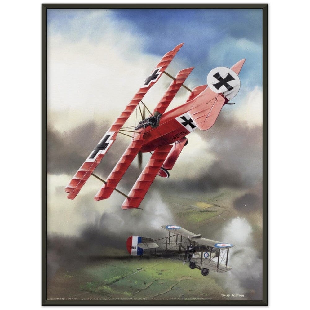 Thijs Postma - Poster - Fokker Dr.I Shooting Down A DeHavilland DH.2 In 1916 - Metal Frame Poster - Metal Frame TP Aviation Art 60x80 cm / 24x32″ Black 