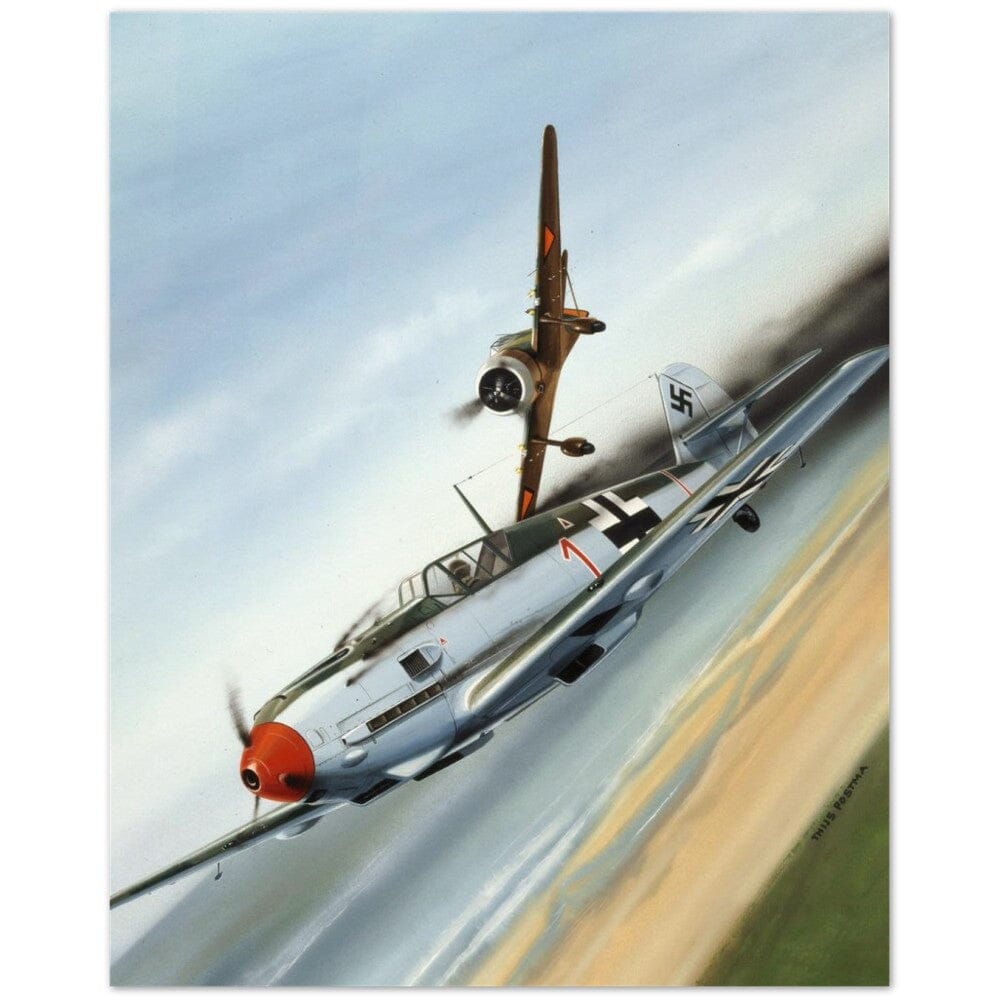 Thijs Postma - Poster - Fokker D.XXI Shoots Down A German Messerschmitt Bf 109 Poster Only TP Aviation Art 40x50 cm / 16x20″ 