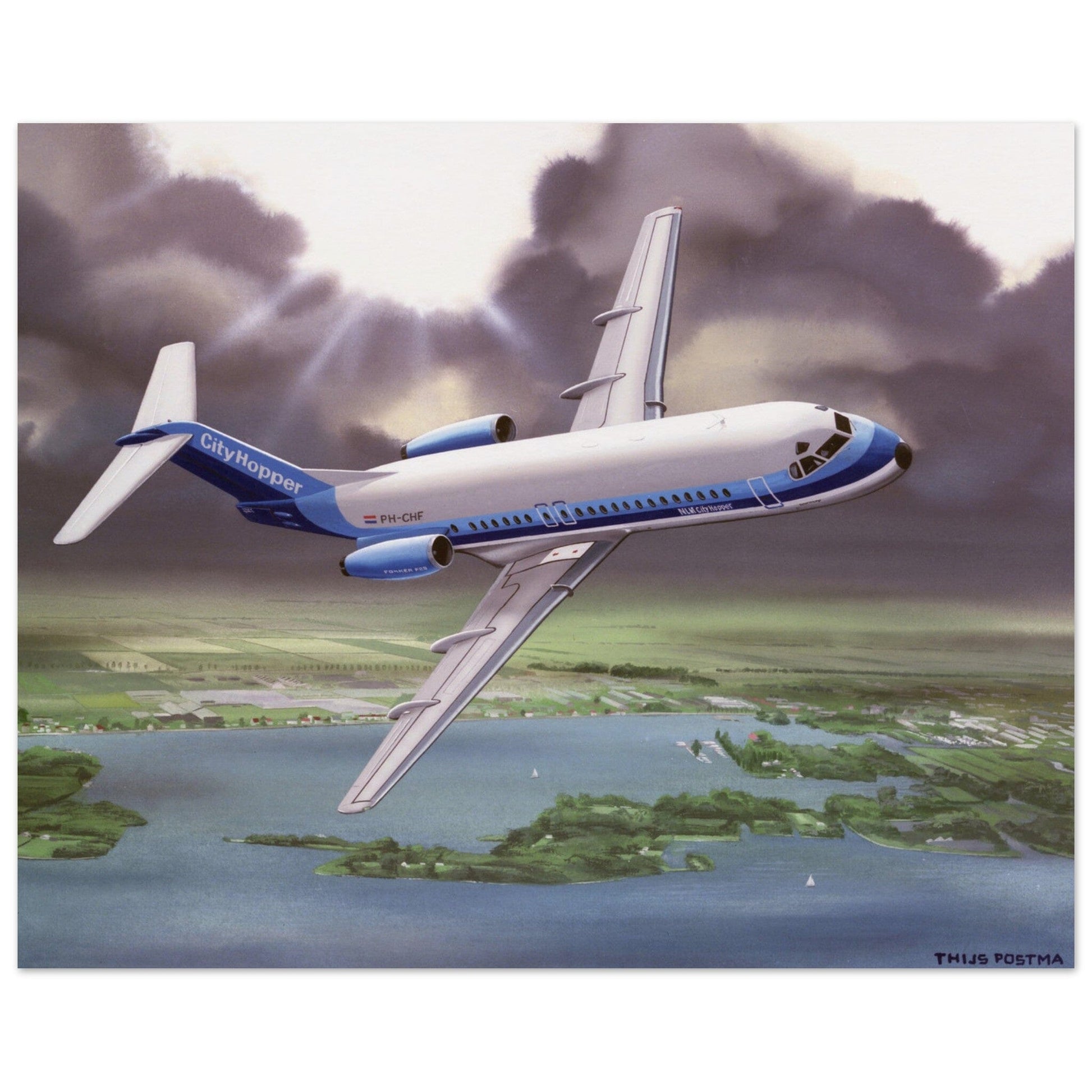 Thijs Postma - Poster - Fokker F-28 Fellowship NLM CityHopper Over Westeinder Poster Only TP Aviation Art 40x50 cm / 16x20″ 