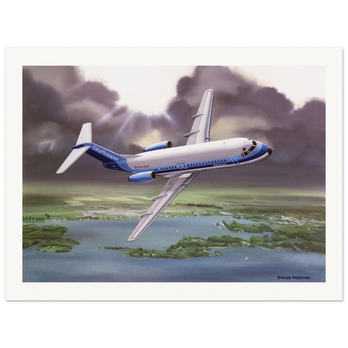 Thijs Postma - Poster - Fokker F-28 Fellowship NLM CityHopper Over Westeinder Poster Only TP Aviation Art 60x80 cm / 24x32″ 