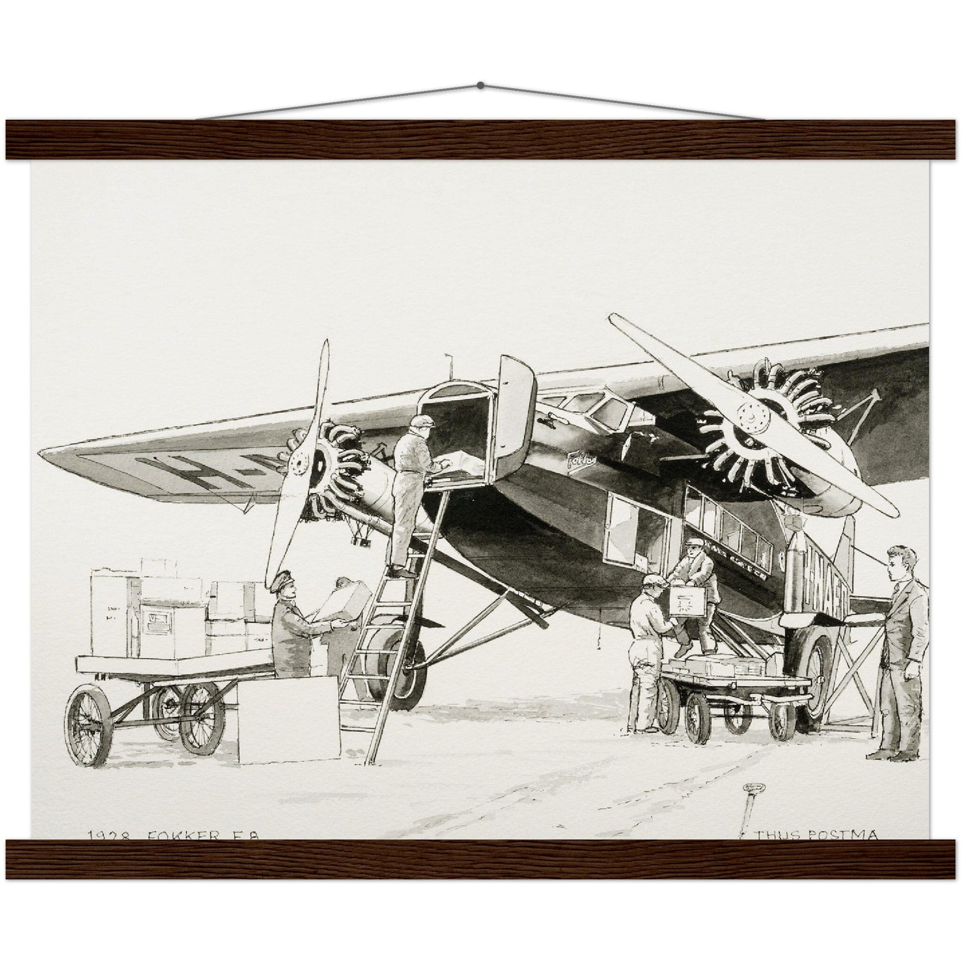 Thijs Postma - Poster - Fokker F.VIII H-NAFD Drawing - Hanger Poster - Hanger TP Aviation Art 40x50 cm / 16x20″ dark wood 
