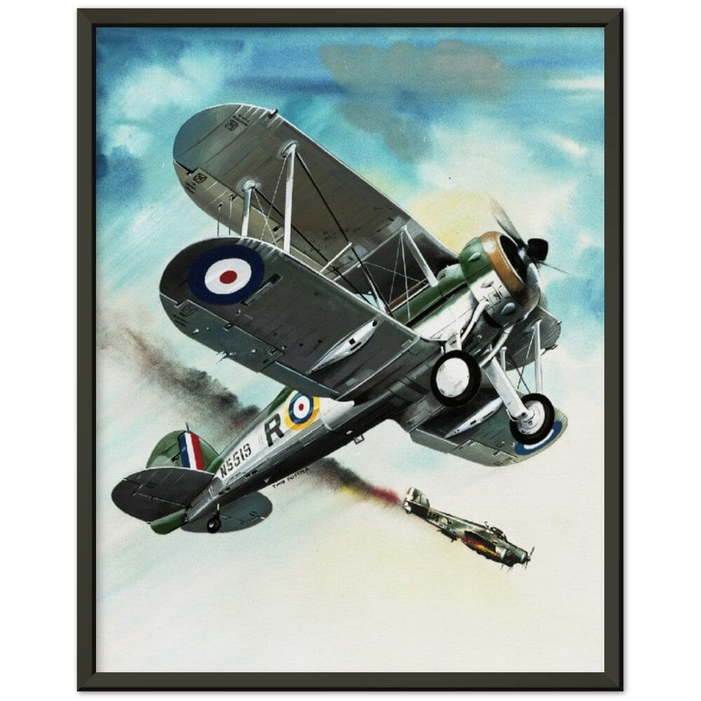 Thijs Postma - Poster - Gloster Gladiator Over Malta Shooting Down An Italian Plane - Metal Frame Poster - Metal Frame TP Aviation Art 40x50 cm / 16x20″ Black 