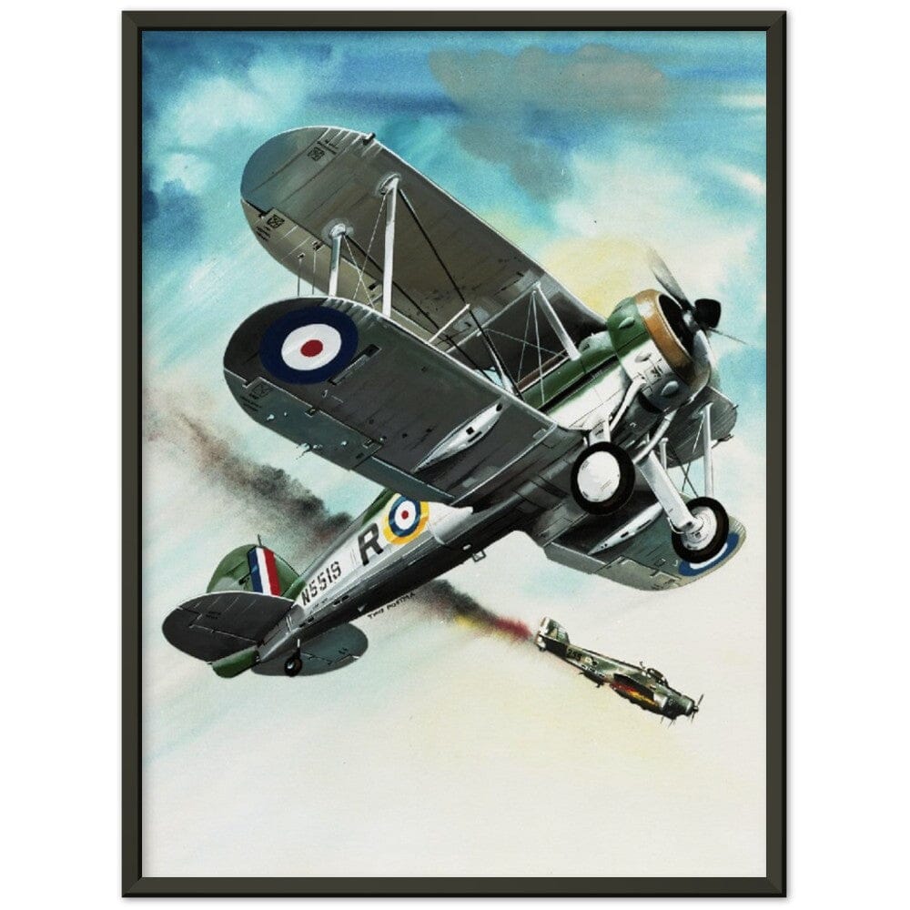 Thijs Postma - Poster - Gloster Gladiator Over Malta Shooting Down An Italian Plane - Metal Frame Poster - Metal Frame TP Aviation Art 45x60 cm / 18x24″ Black 