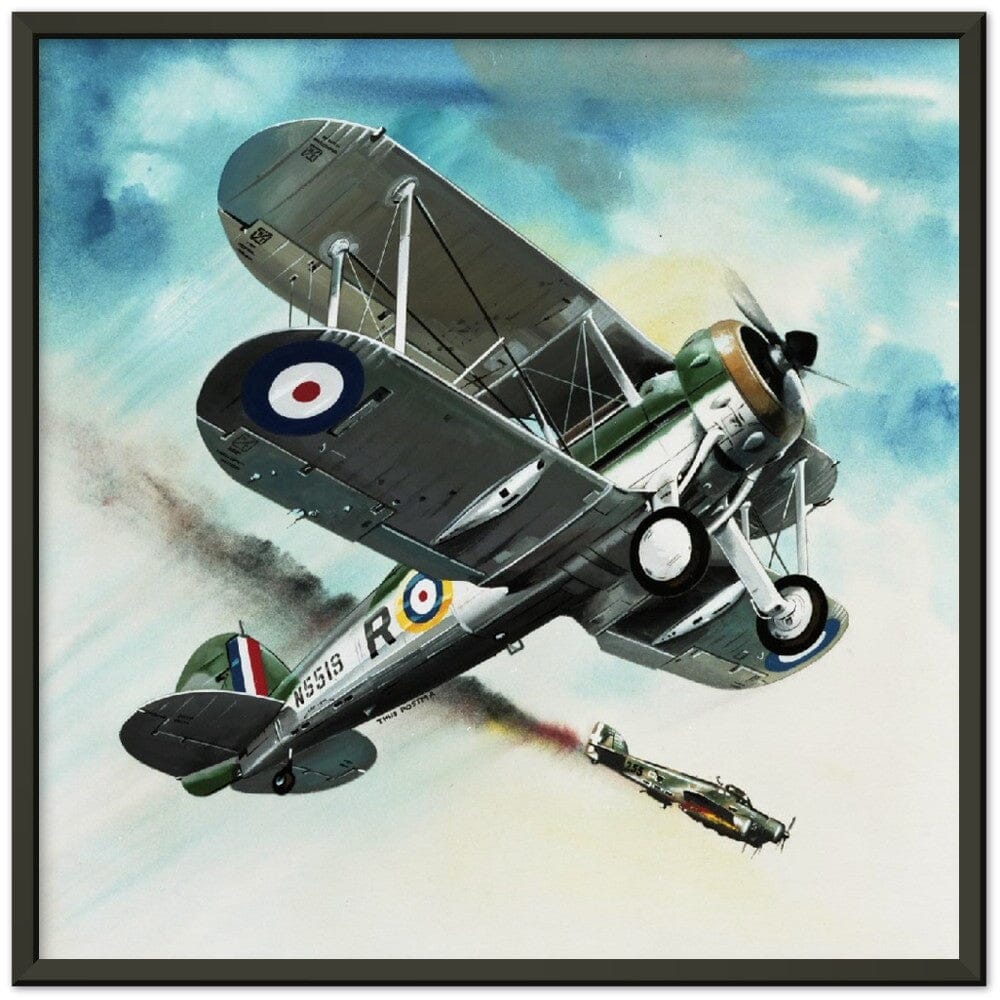 Thijs Postma - Poster - Gloster Gladiator Over Malta Shooting Down An Italian Plane - Metal Frame Poster - Metal Frame TP Aviation Art 50x50 cm / 20x20″ Black 