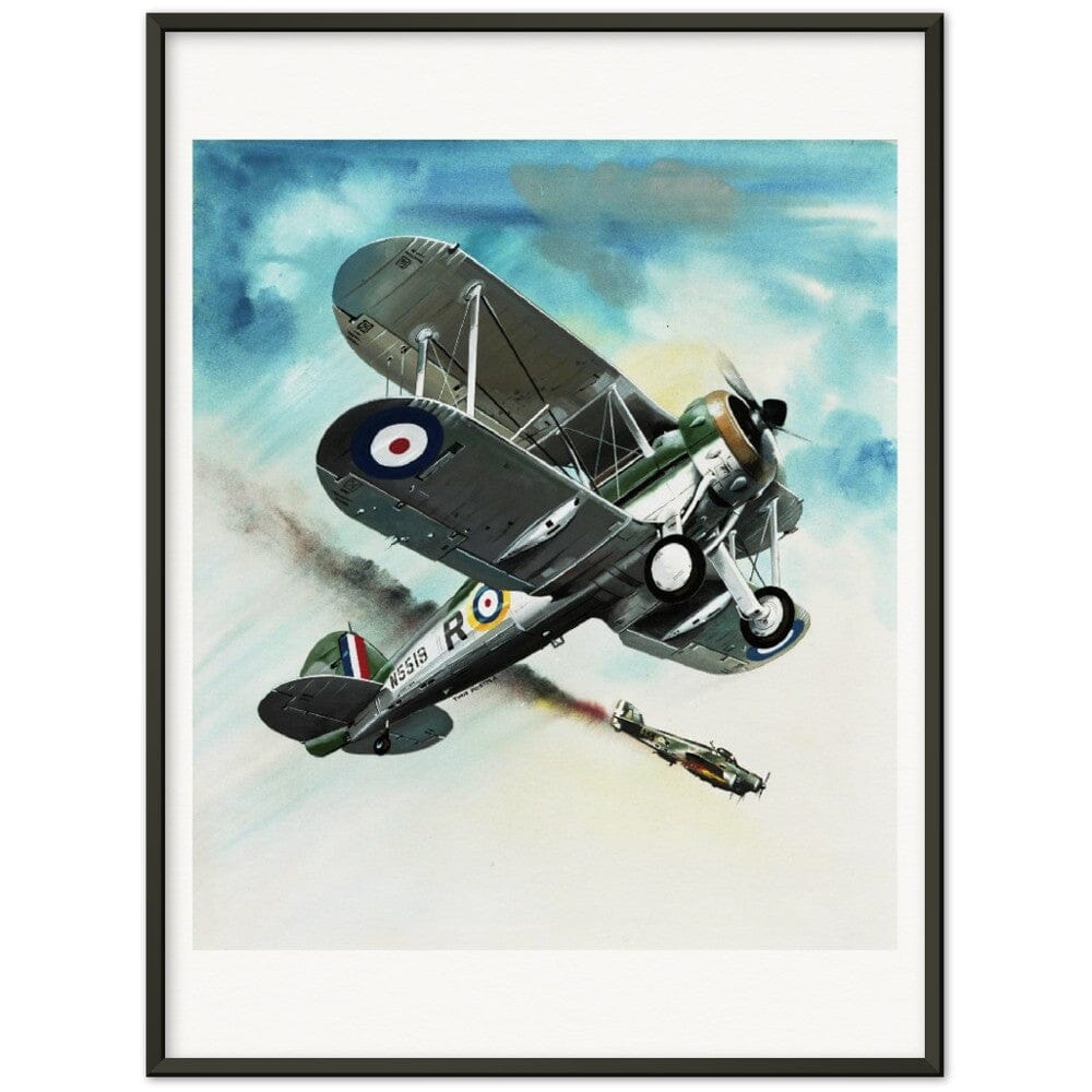 Thijs Postma - Poster - Gloster Gladiator Over Malta Shooting Down An Italian Plane - Metal Frame Poster - Metal Frame TP Aviation Art 60x80 cm / 24x32″ Black 