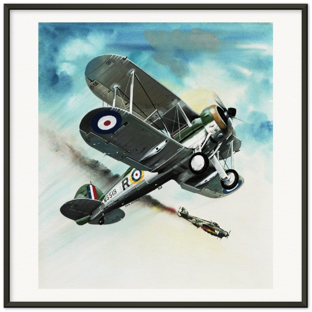 Thijs Postma - Poster - Gloster Gladiator Over Malta Shooting Down An Italian Plane - Metal Frame Poster - Metal Frame TP Aviation Art 70x70 cm / 28x28″ Black 