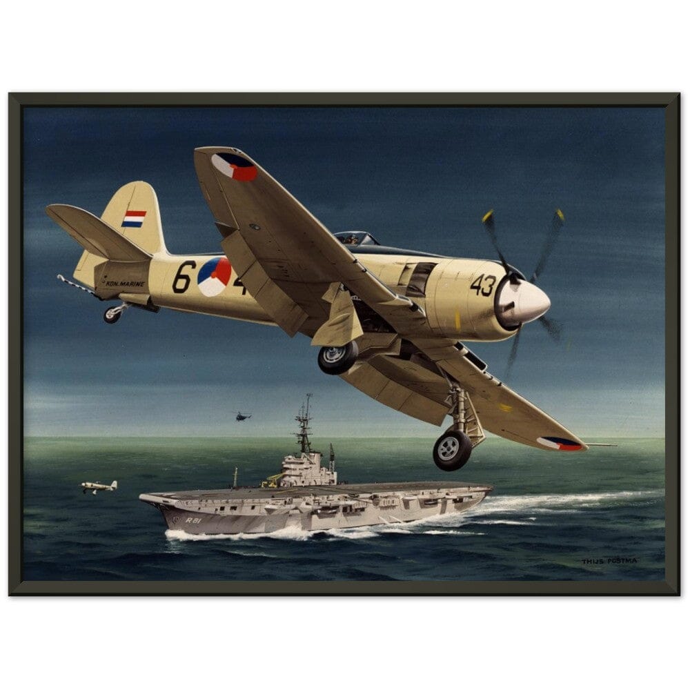 Thijs Postma - Poster - Hawker Sea Fury Preparing To Land Karel Doorman Aircraft Carrier - Metal Frame Poster - Metal Frame TP Aviation Art 45x60 cm / 18x24″ Black 