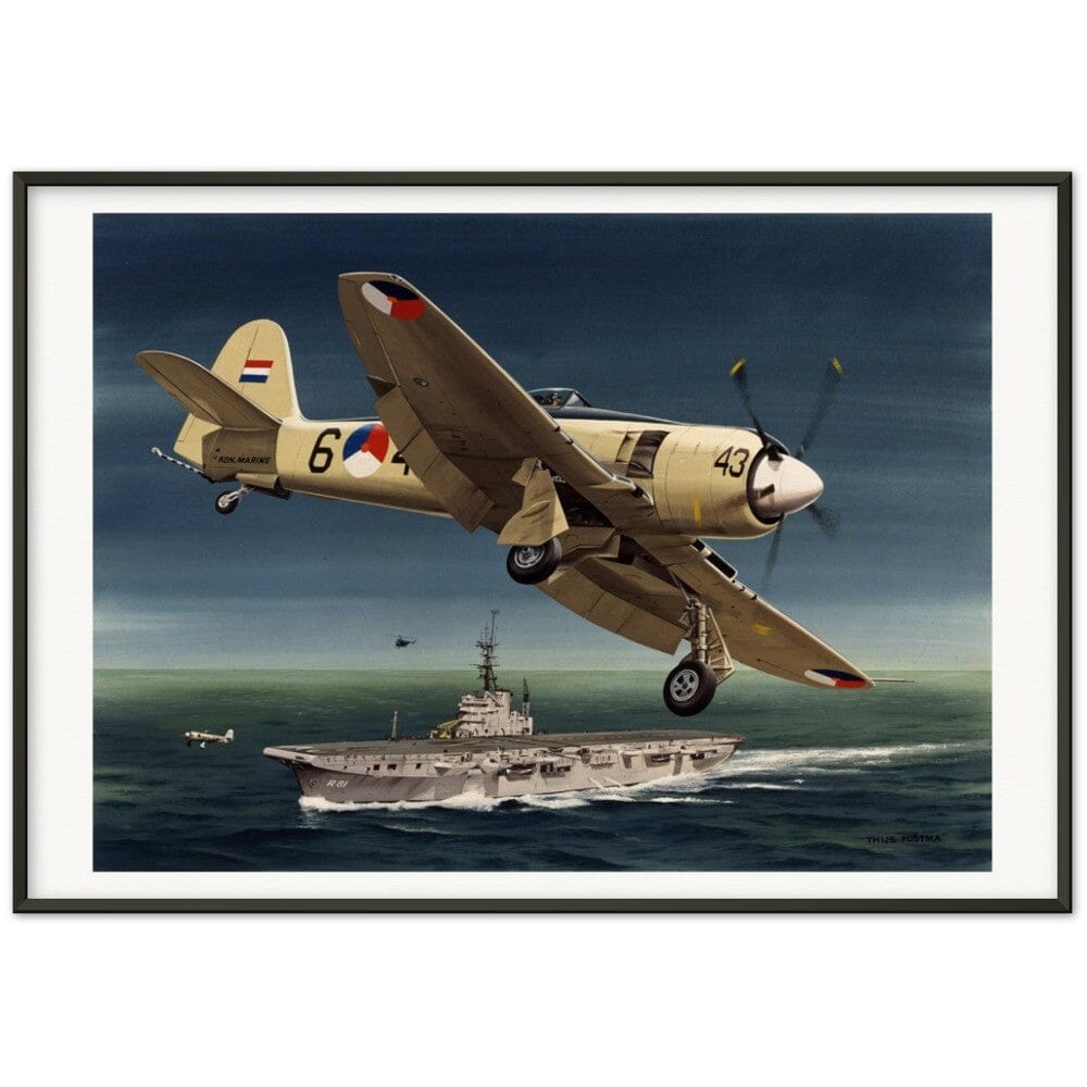 Thijs Postma - Poster - Hawker Sea Fury Preparing To Land Karel Doorman Aircraft Carrier - Metal Frame Poster - Metal Frame TP Aviation Art 70x100 cm / 28x40″ Black 
