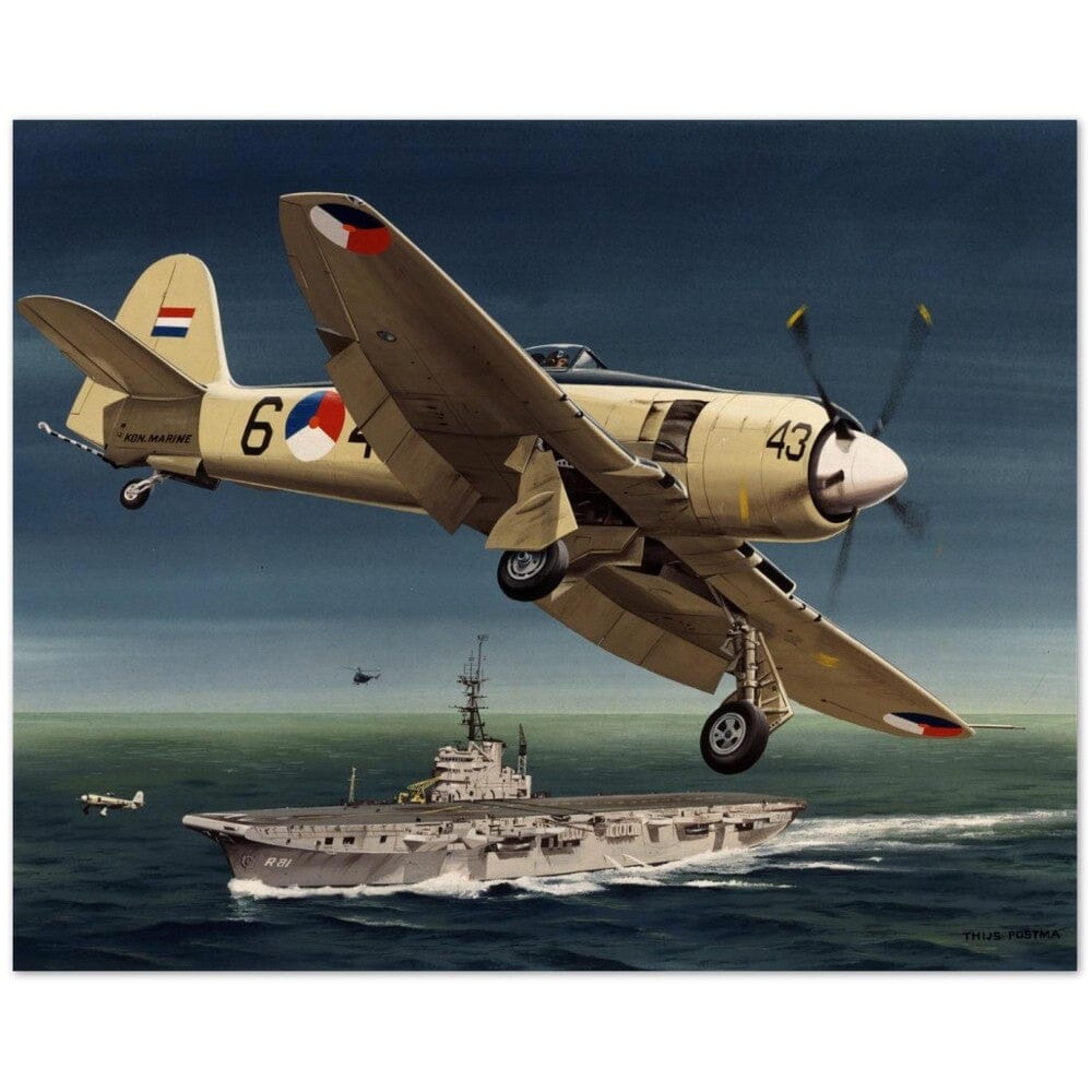 Thijs Postma - Poster - Hawker Sea Fury Preparing To Land Karel Doorman Aircraft Carrier Poster Only TP Aviation Art 40x50 cm / 16x20″ 