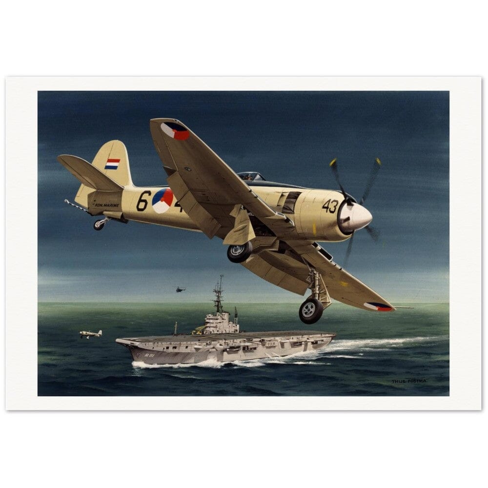 Thijs Postma - Poster - Hawker Sea Fury Preparing To Land Karel Doorman Aircraft Carrier Poster Only TP Aviation Art 70x100 cm / 28x40″ 