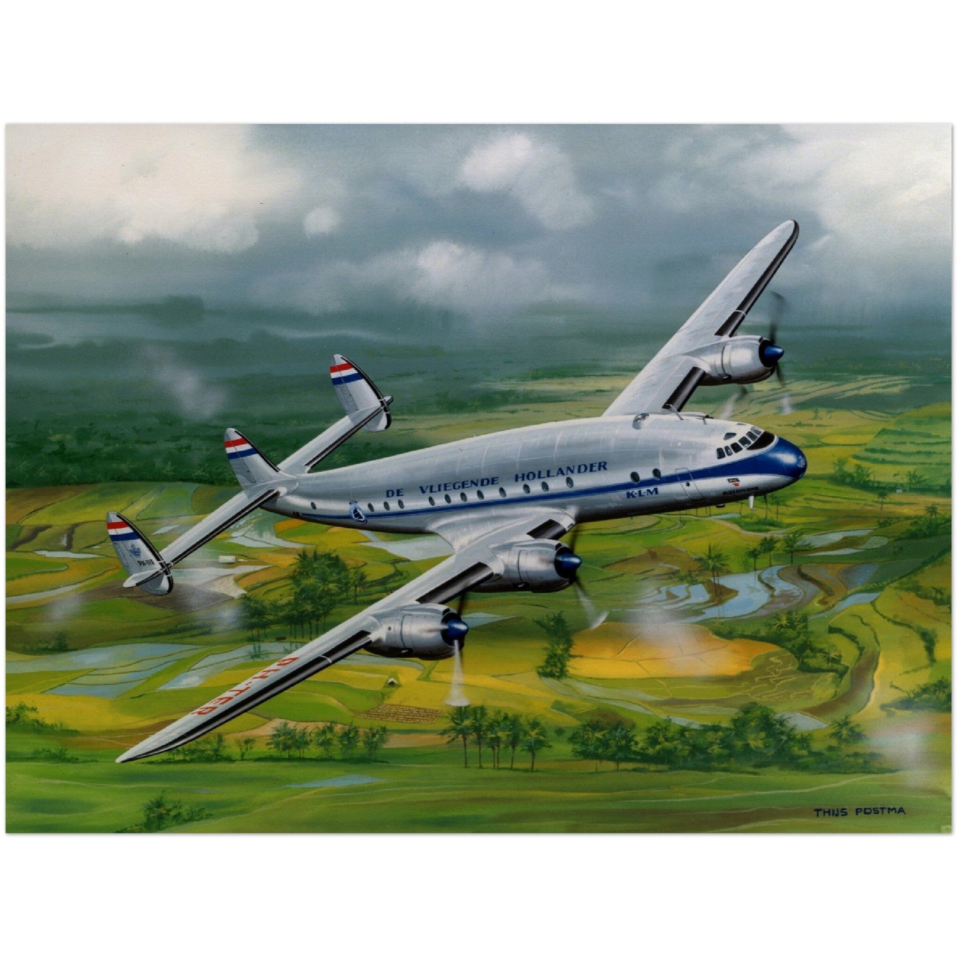 Thijs Postma - Poster - Lockheed L-749 Over Sawahs Poster Only TP Aviation Art 60x80 cm / 24x32″ 