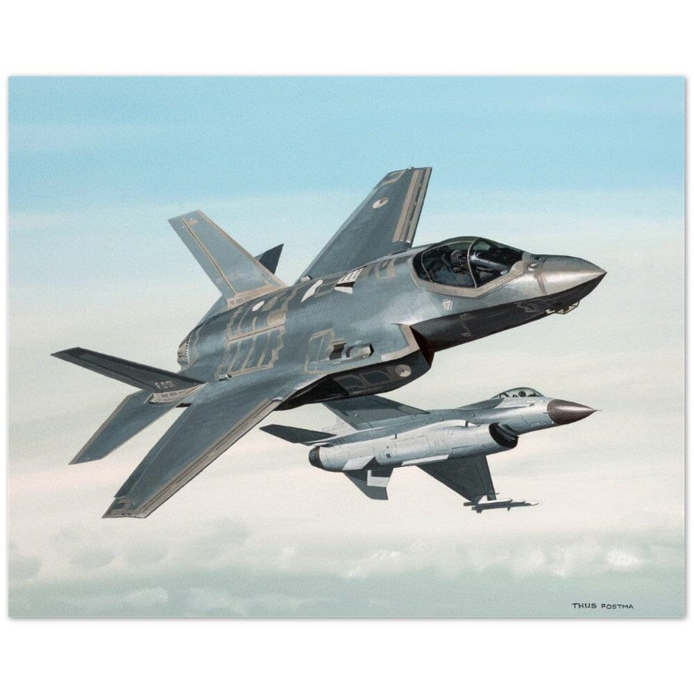 Thijs Postma - Poster - Lockheed-Martin F-35 JSF Next To F-16 Poster Only TP Aviation Art 40x50 cm / 16x20″ 