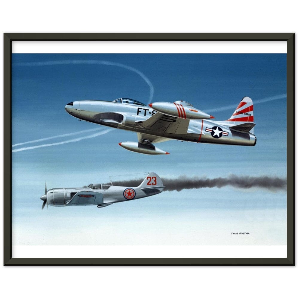 Thijs Postma - Poster - Lockheed P-80 Shooting A Lavochkin La-9 Over Korea - Metal Frame Poster - Metal Frame TP Aviation Art 40x50 cm / 16x20″ Black 