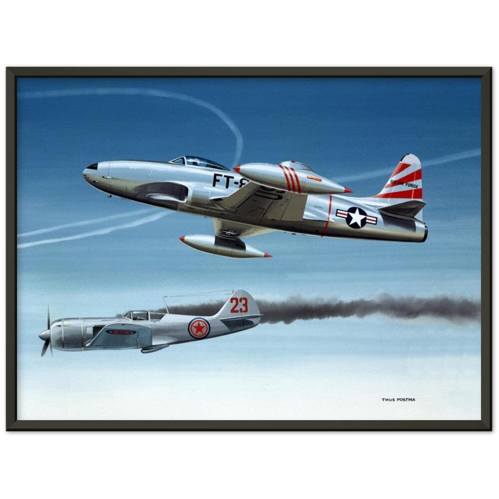 Thijs Postma - Poster - Lockheed P-80 Shooting A Lavochkin La-9 Over Korea - Metal Frame Poster - Metal Frame TP Aviation Art 45x60 cm / 18x24″ Black 