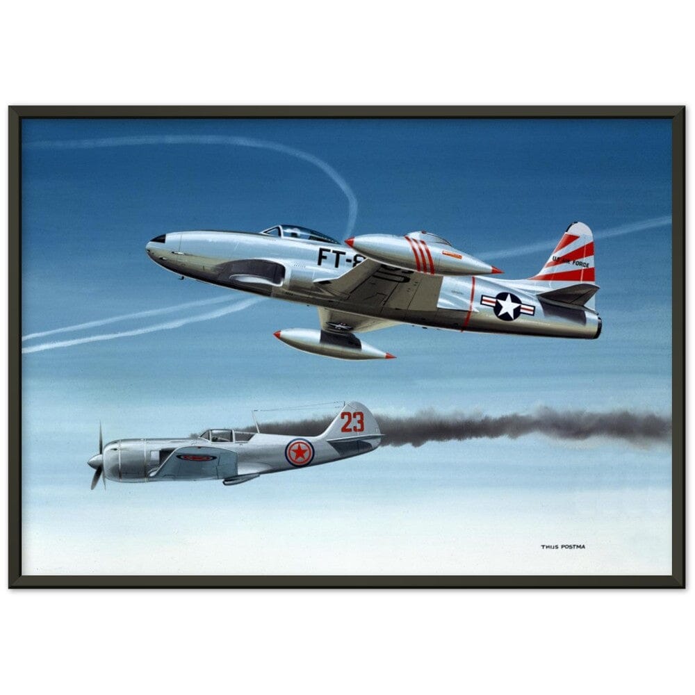 Thijs Postma - Poster - Lockheed P-80 Shooting A Lavochkin La-9 Over Korea - Metal Frame Poster - Metal Frame TP Aviation Art 50x70 cm / 20x28″ Black 