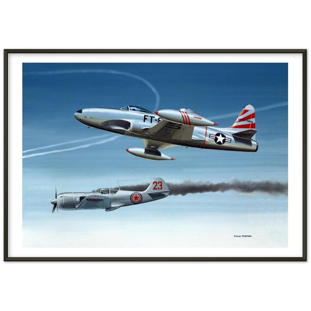 Thijs Postma - Poster - Lockheed P-80 Shooting A Lavochkin La-9 Over Korea - Metal Frame Poster - Metal Frame TP Aviation Art 70x100 cm / 28x40″ Black 