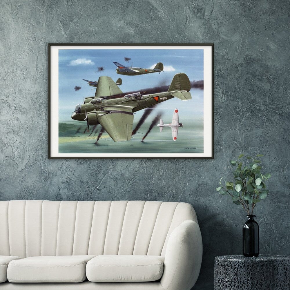 Thijs Postma - Poster - Martin 139 KNIL Attacking Japanese - Metal Frame Poster - Metal Frame TP Aviation Art 