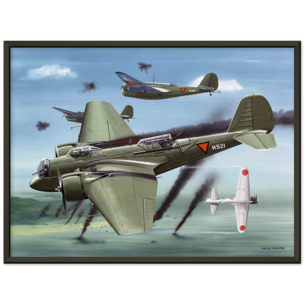 Thijs Postma - Poster - Martin 139 KNIL Attacking Japanese - Metal Frame Poster - Metal Frame TP Aviation Art 45x60 cm / 18x24″ Black 