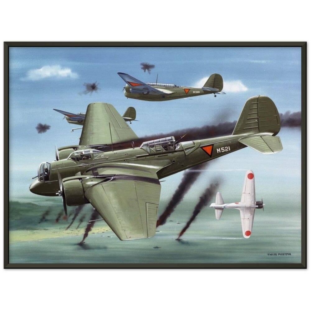 Thijs Postma - Poster - Martin 139 KNIL Attacking Japanese - Metal Frame Poster - Metal Frame TP Aviation Art 60x80 cm / 24x32″ Black 