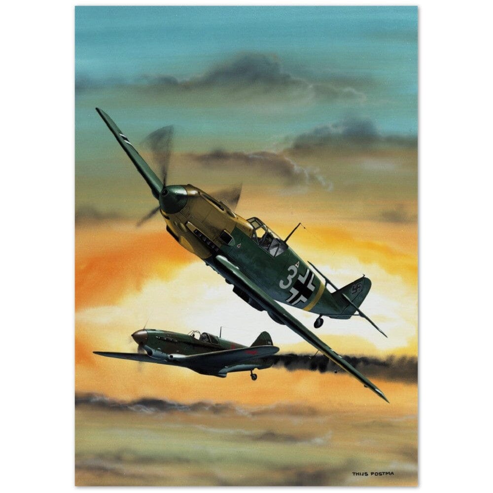 Thijs Postma - Poster - Messerschmitt Bf 109E Shot A Lavochkin LaGG-3 Poster Only TP Aviation Art 50x70 cm / 20x28″ 