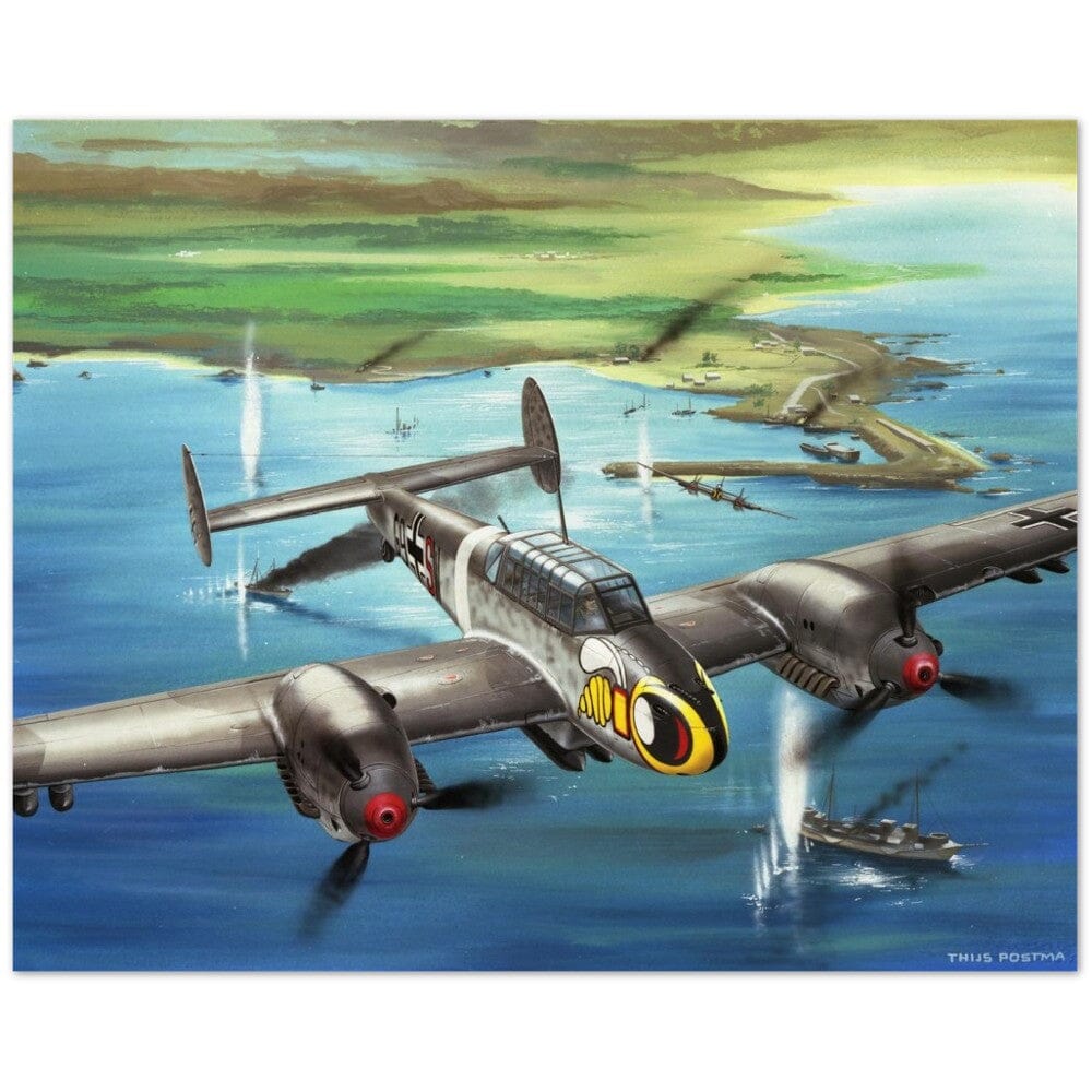 Thijs Postma - Poster - Messerschmitt Bf 110 Attacking Maritime Targets Poster Only TP Aviation Art 40x50 cm / 16x20″ 