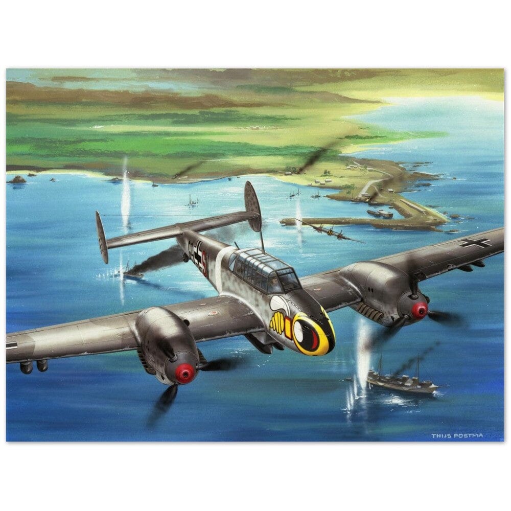 Thijs Postma - Poster - Messerschmitt Bf 110 Attacking Maritime Targets Poster Only TP Aviation Art 45x60 cm / 18x24″ 
