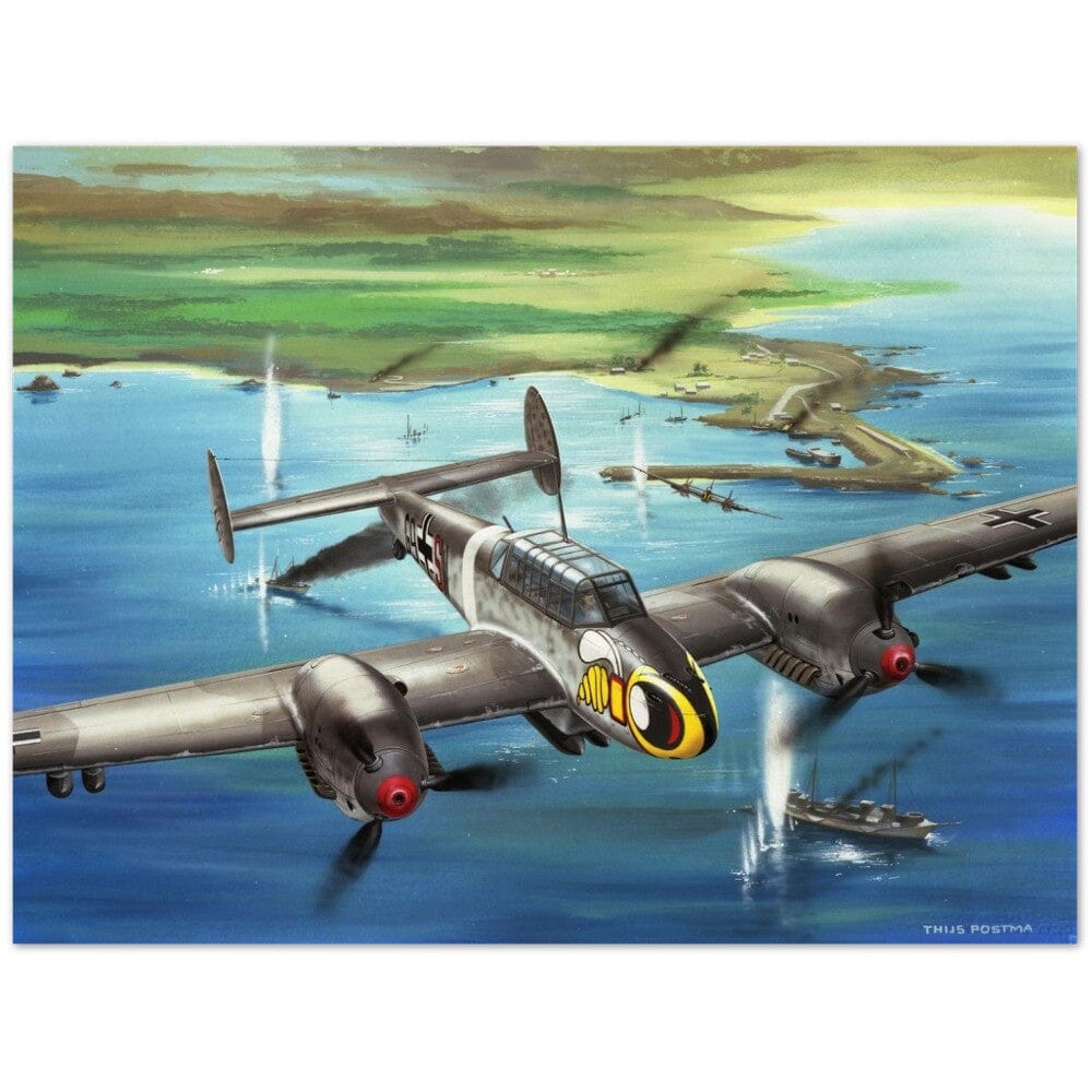 Thijs Postma - Poster - Messerschmitt Bf 110 Attacking Maritime Targets Poster Only TP Aviation Art 60x80 cm / 24x32″ 